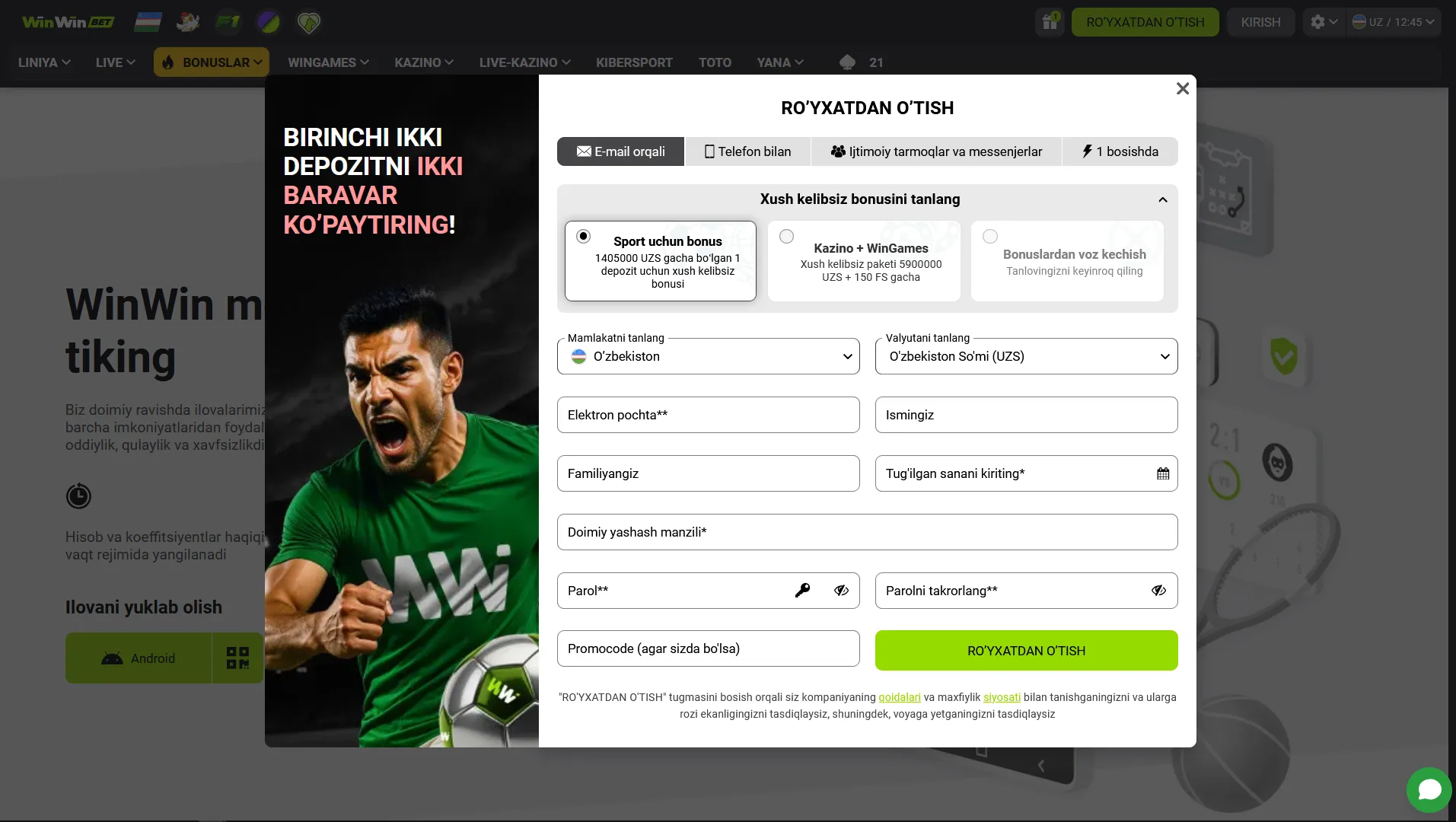 WinWin bet app download ro'yxatdan o'tish, kirish va o'yin boshlash